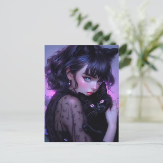 Whimsical Gothic Cat Lady Postkarte (Stehend Vorderseite)