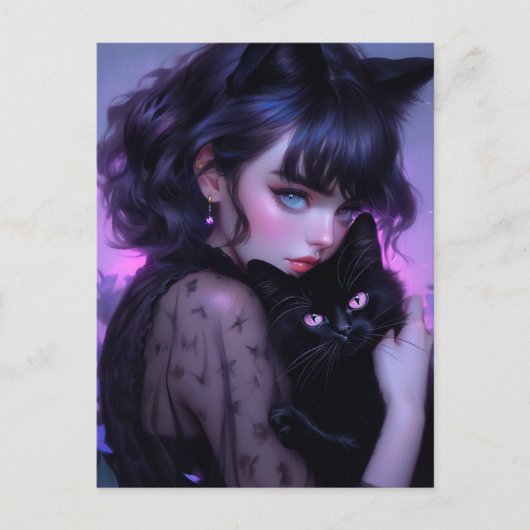 Whimsical Gothic Cat Lady Postkarte (Vorderseite)