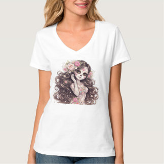 Whimsical Gothic Girl Floral Fantasy T-Shirt