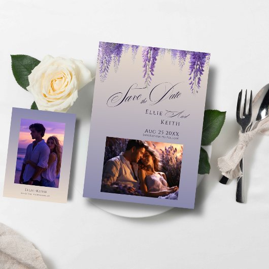 Whimsical Gradient Lila Floral 2 Foto Hochzeit Save The Date
