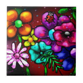 Whimsical Graffiti Style Blume Ladybug Fliese