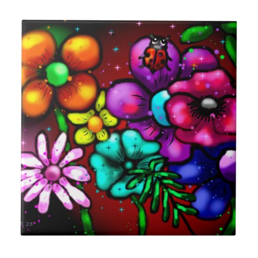 Whimsical Graffiti Style Blume Ladybug Fliese (Vorderseite)