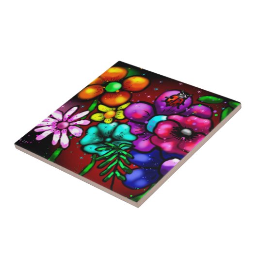 Whimsical Graffiti Style Blume Ladybug Fliese (Seite)