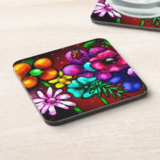 Whimsical Graffiti Style Blume Ladybug Getränkeuntersetzer (Linke Seite)