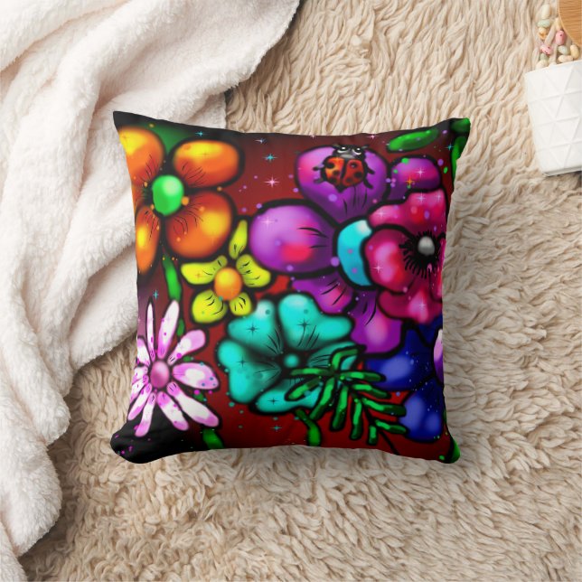 Whimsical Graffiti Style Blume Ladybug Kissen (Decke)