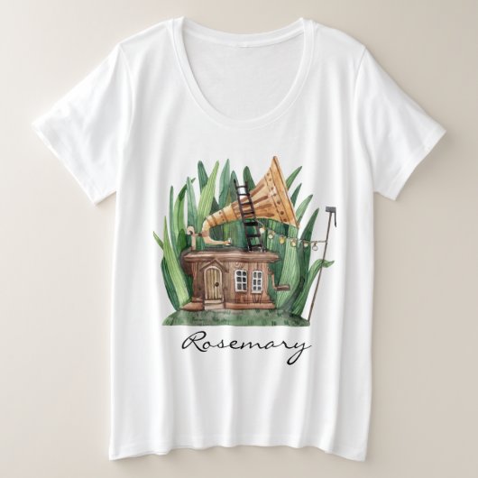 Whimsical Gramophone Fairytale House Wasserfarbe Große Größe T-Shirt (Design vorne)