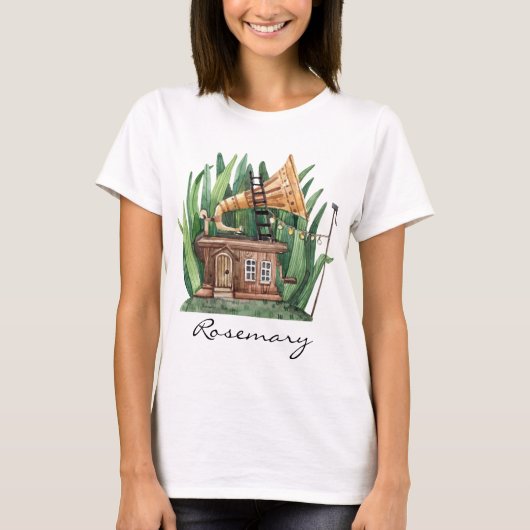 Whimsical Gramophone Fairytale House Wasserfarbe T-Shirt (Vorderseite)