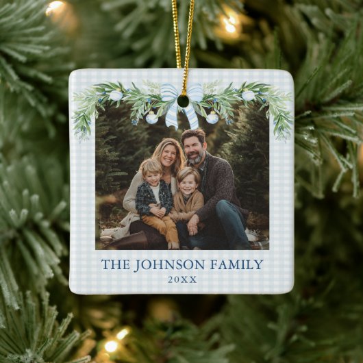 Whimsical Grandmillenial Blue Bow Family Photo Keramikornament (Baum)
