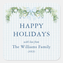 Whimsical Grandmillenial Gingham Blue Bow Garland  Quadratischer Aufkleber