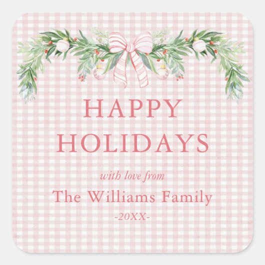 Whimsical Grandmillenial Gingham Pink Bow Garland Quadratischer Aufkleber (Vorderseite)