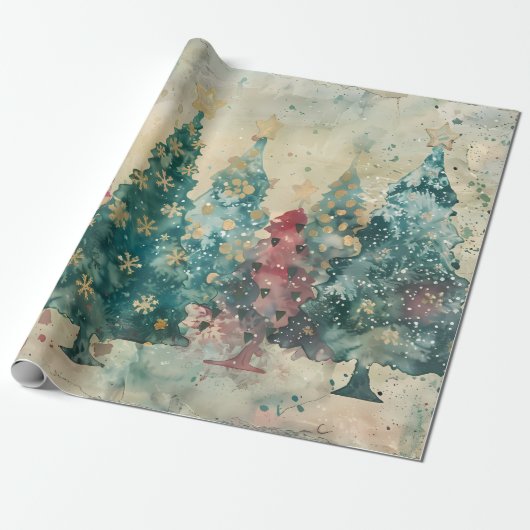 Whimsical Green and Red Trees with a touch of Gold Geschenkpapier (Ungerollt)