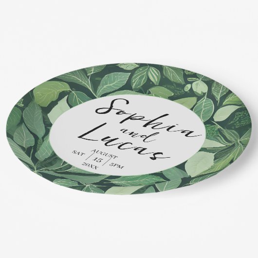 Whimsical Green Blätter Wedding Pappteller (Schrägansicht)