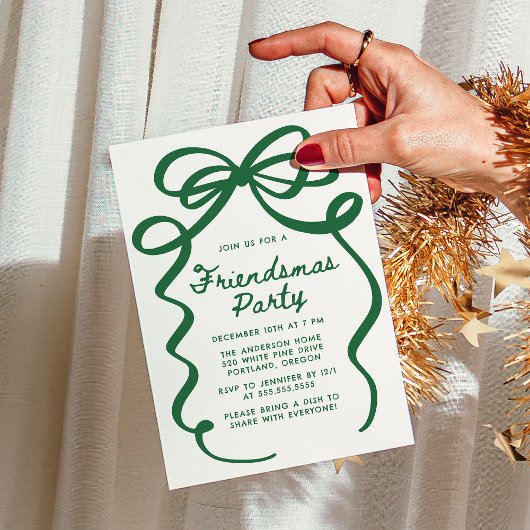 Whimsical Green Bow Friendsmas Christmas Party Einladung