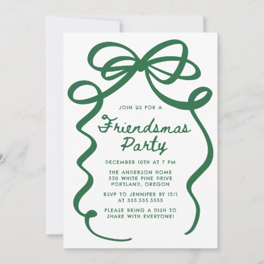 Whimsical Green Bow Friendsmas Christmas Party Einladung (Vorderseite)