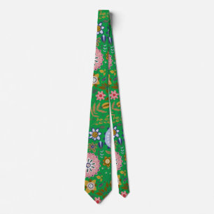 Whimsical Green Folk Art Blume Krawatte