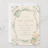 Whimsical Green Frame Beige Vintage Bear  Einladung (Vorderseite)