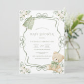 Whimsical Green Frame Vintage Bear  Einladung (Stehend Vorderseite)