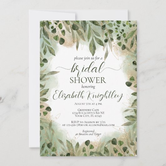 Whimsical Green Gold Greenery Script Brautparty Einladung (Vorderseite)