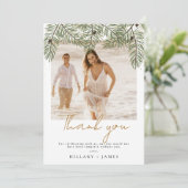 Whimsical Green Pine Foto Hochzeit Danke Karte (Stehend Vorderseite)