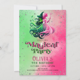Whimsical Green & Pink Witch birthday Einladung