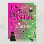 Whimsical Green & Pink Witch girl birthday Einladung (Vorne/Hinten)