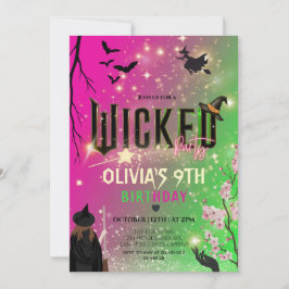 Whimsical Green & Pink Witch girl birthday Invitat Einladung