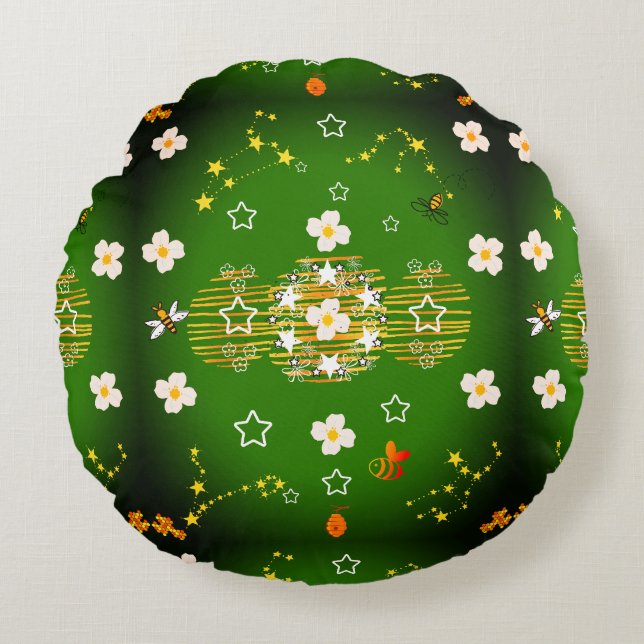 Whimsical Green Star Blume Round Kissen (Vorderseite)
