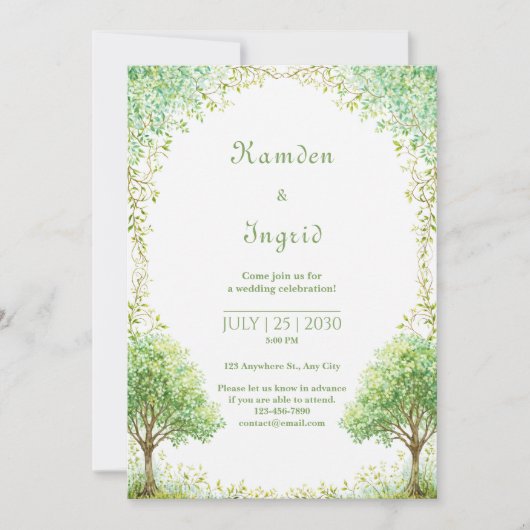 Whimsical Green Watercolor Tree Arch Wedding Einladung (Vorderseite)