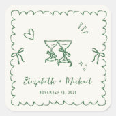 Whimsical Green Wavy Frame Cream Wedding Quadratischer Aufkleber (Vorderseite)
