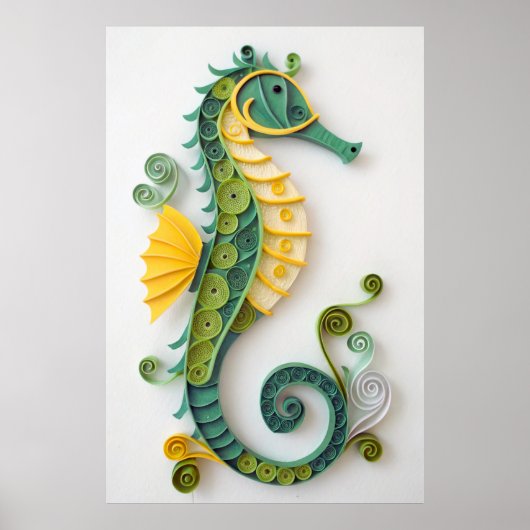 Whimsical Green & Yellow Quilled Seahorse Sculptur Poster (Vorne)