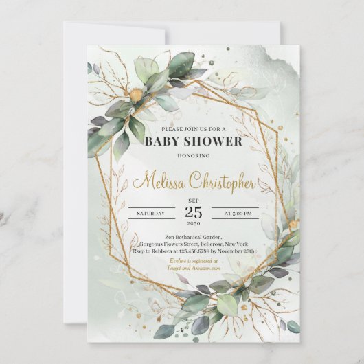 Whimsical Greenerfoliage Gold geometrische Baby Einladung (Vorderseite)