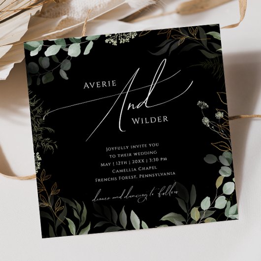 Whimsical Greenerity Black and Gold Square Wedding Einladung
