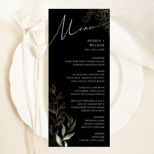Whimsical Greenerity Black and Gold Wedding Dinner Menükarte