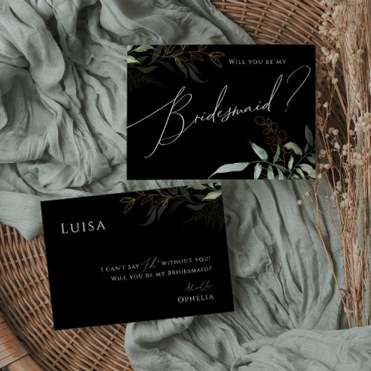 Whimsical Greenery Black and Gold Bridesmaid Card Einladung