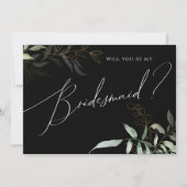 Whimsical Greenery Black and Gold Bridesmaid Card Einladung (Vorderseite)