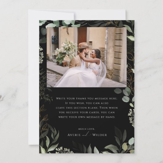 Whimsical Greenery Black and Gold Flat Foto Dankeskarte (Rückseite)