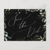 Whimsical Greenery Black and Gold Save the Date Einladungspostkarte (Vorderseite)