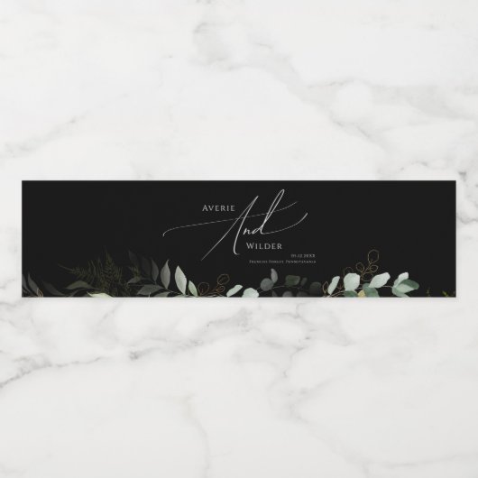 Whimsical Greenery Black and Gold | Wasserflaschenetikett (Einzelnes Label)