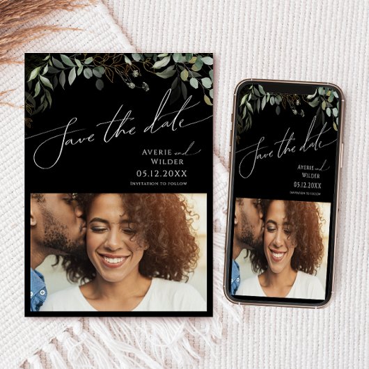 Whimsical Greenery Black Gold Foto Save the Date