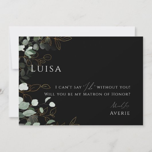 Whimsical Greenery Black Gold Matron of Honor Card Einladung (Rückseite)