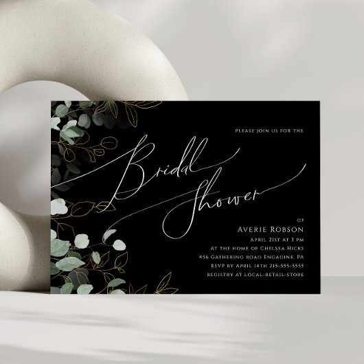 Whimsical Greenery Black Horizontal Brautparty Einladung