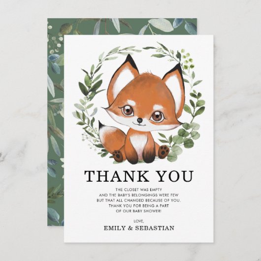 Whimsical Greenery Fox Wild One Forest Baby Shower Dankeskarte (Vorne/Hinten)