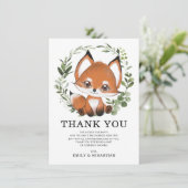 Whimsical Greenery Fox Wild One Forest Baby Shower Dankeskarte (Stehend Vorderseite)