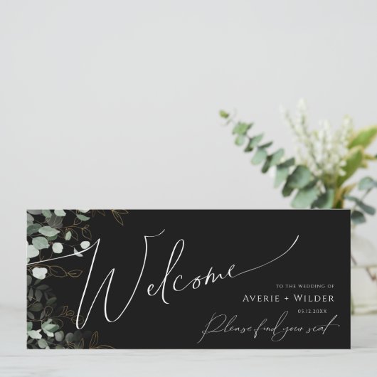 Whimsical Greenery Gold Black Seating Chart Header (Stehend Vorderseite)