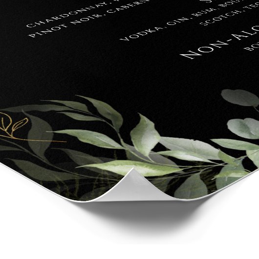 Whimsical Greenery Gold Black Wedding Drinks Menü Poster (Ecke)