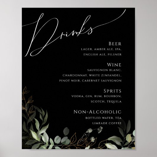 Whimsical Greenery Gold Black Wedding Drinks Menü Poster (Vorne)