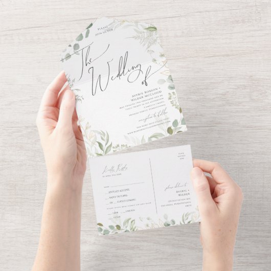 Whimsical Greenery Gold Hochzeit von Siegel und se All In One Einladung (Abreißen)