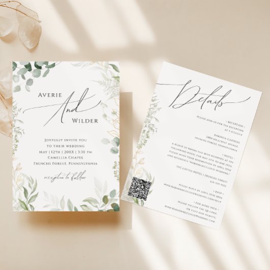 Whimsical Greenery Gold QR Code alle in einer Hoch Einladung