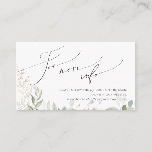 Whimsical Greenery Gold QR Code Hochzeitswebsite Begleitkarte (Vorderseite)