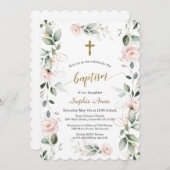 Whimsical Greenery Pink Floral Gold Cross Taufe Einladung (Vorne/Hinten)